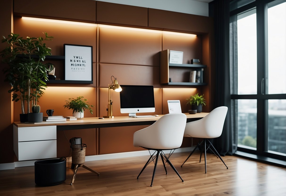 A sleek, modern office space with minimalist decor. A well-dressed professional desk with a laptop, stylish accessories, and a neatly organized workspace