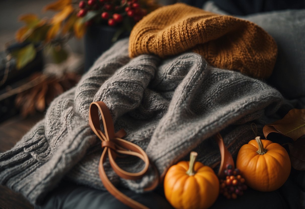 A cozy sweater paired with trendy boots and a stylish hat, accented with fall-colored accessories like a scarf and gloves