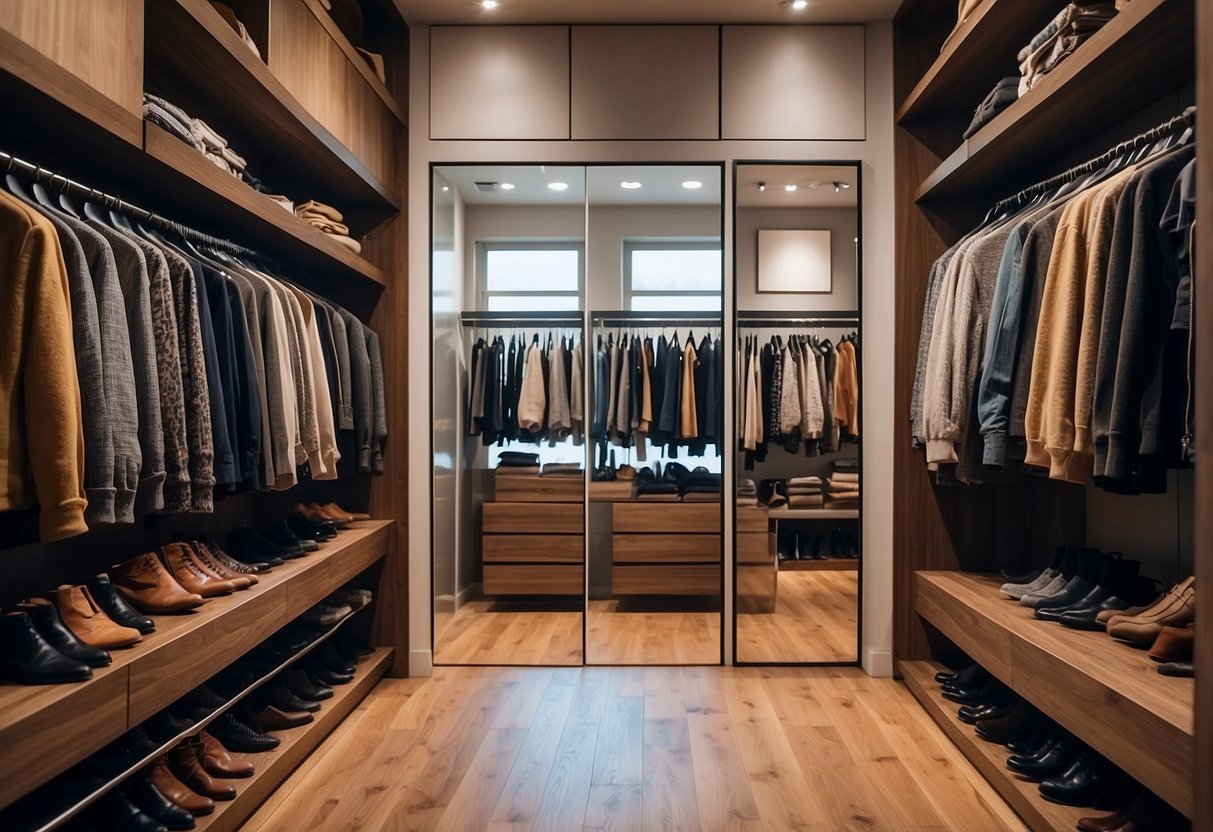 A closet with various clothing items arranged by season, with a mirror nearby for trying on different outfits