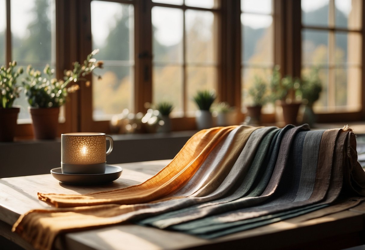 A table with swatches of different fabrics, next to a mood board displaying seasonal fashion trends. Light streaming in through a window, casting a warm glow on the materials