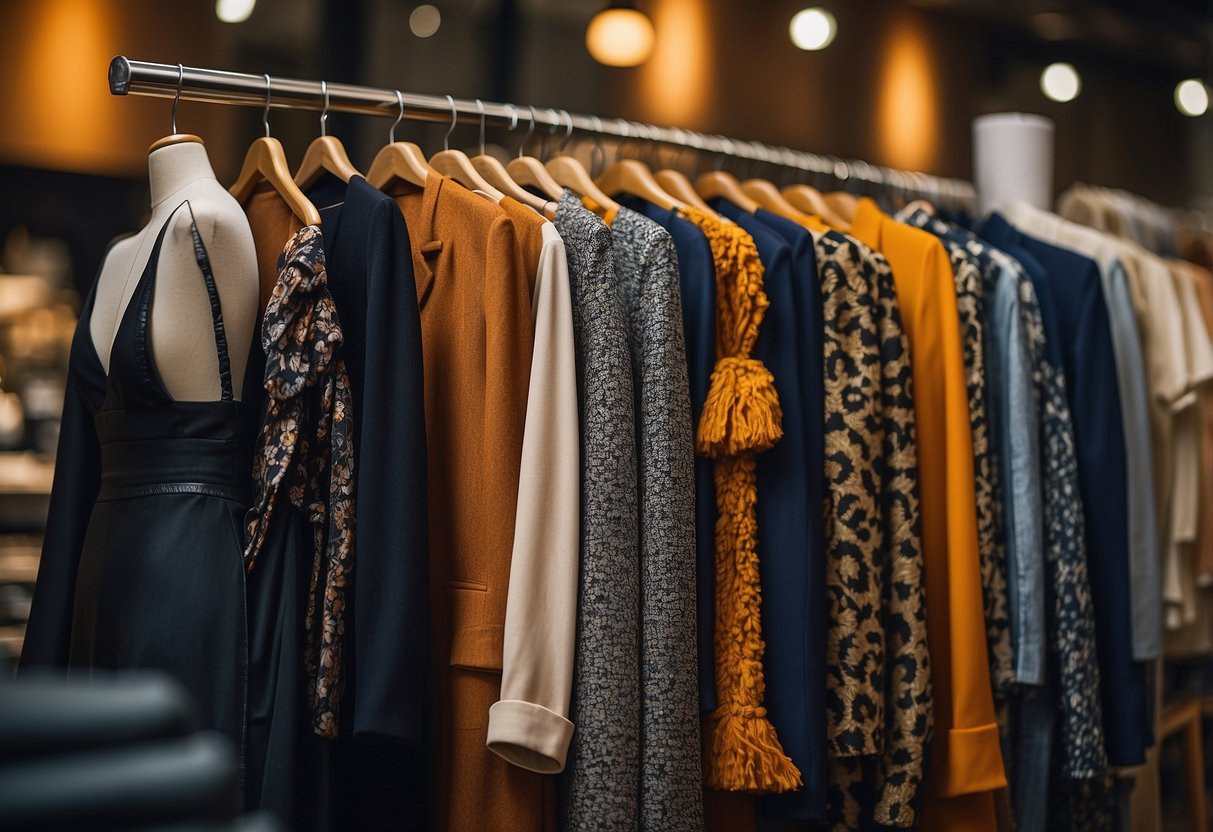 A diverse array of clothing items and accessories arranged on a display, showcasing different styles and silhouettes to flatter various body types