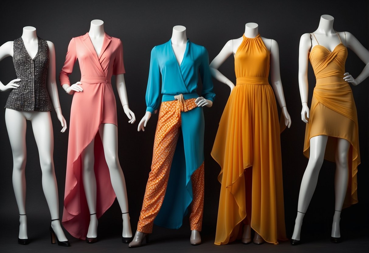 A group of mannequins display various clothing styles to flatter different body types, showcasing inverted triangle body styling tips