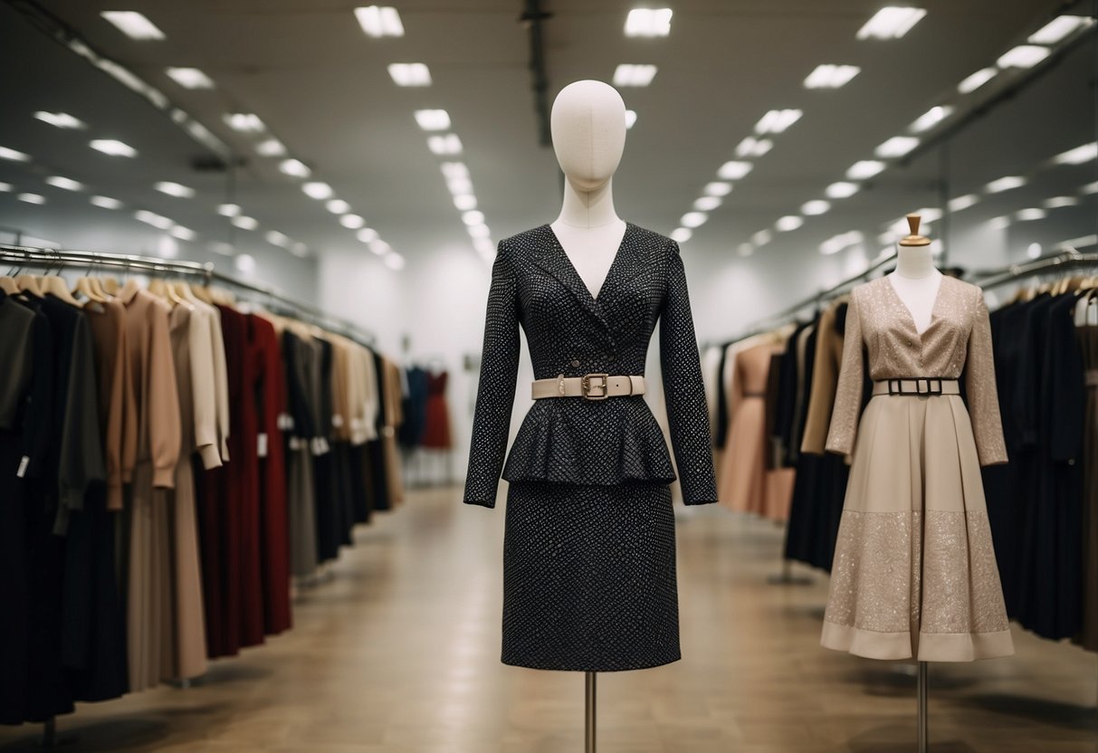 A rectangle-shaped dress hangs on a mannequin, paired with a belt to create the illusion of a defined waist. A rack of structured blazers and high-waisted skirts are displayed nearby