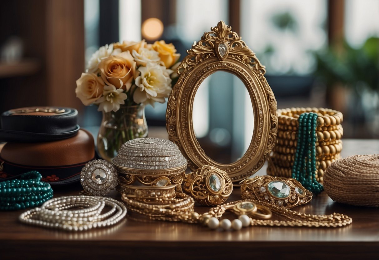 A table with various accessories: scarves, belts, hats, and jewelry. A mirror reflects the items, adding depth to the scene