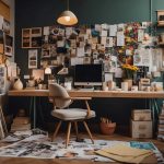 A cluttered desk with art supplies, fashion magazines, and sketches scattered around. A mood board with fabric swatches and color palettes pinned to the wall