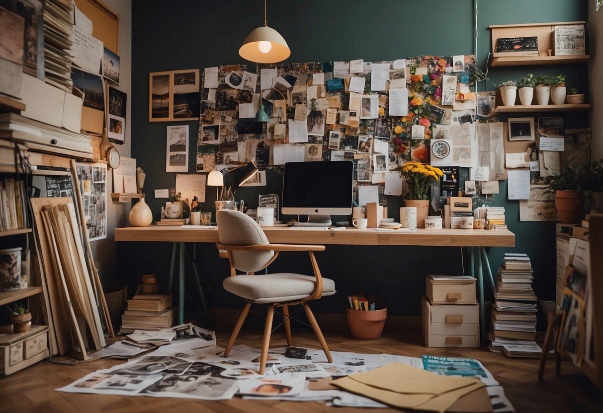 A cluttered desk with art supplies, fashion magazines, and sketches scattered around. A mood board with fabric swatches and color palettes pinned to the wall