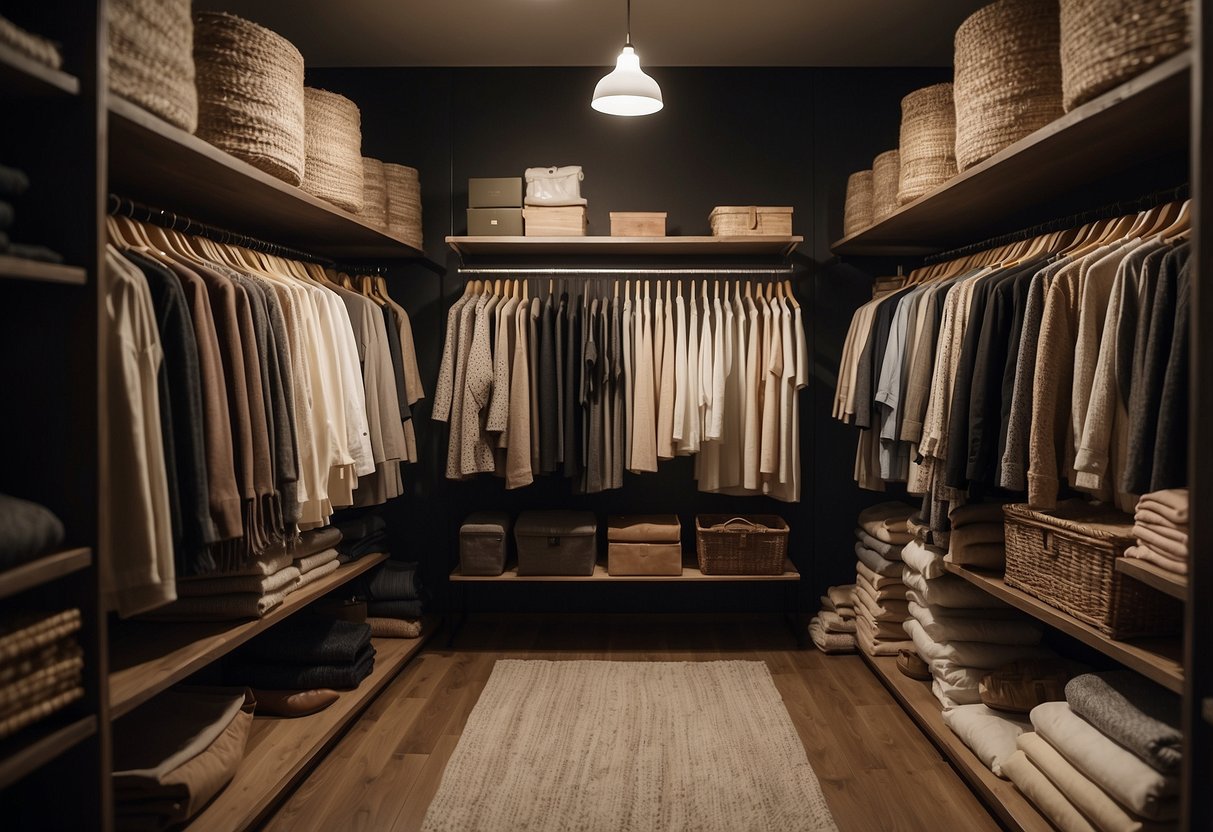 A closet filled with organic cotton, hemp, and recycled materials. Sustainable fashion books and eco-friendly clothing labels displayed on shelves