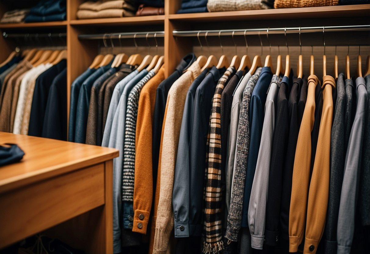 A closet filled with various clothing items, from casual to formal, arranged neatly on hangers and shelves. Accessories such as scarves, belts, and jewelry are displayed on a dresser or in small containers