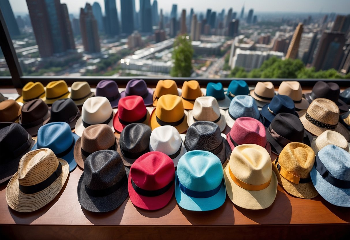 A table displays a variety of stylish hats and sunglasses, arranged neatly with a backdrop of a vibrant cityscape