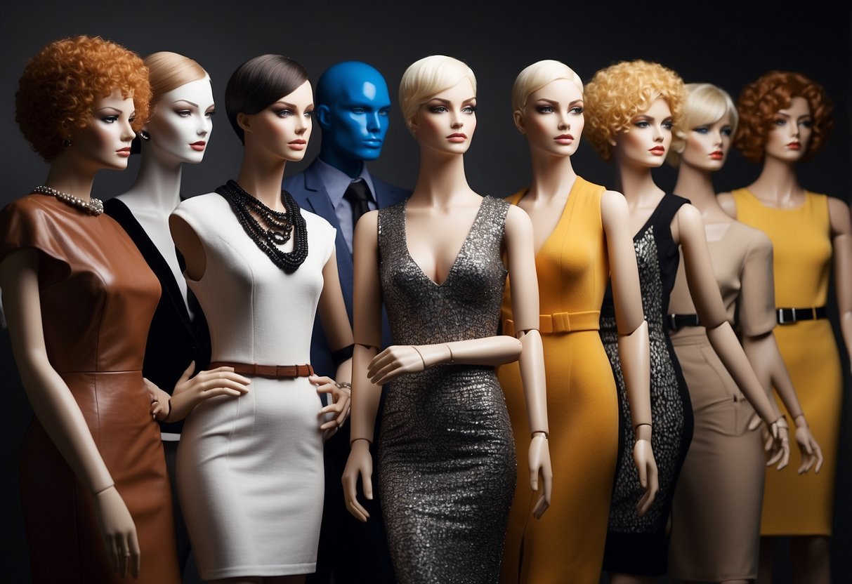 A diverse group of mannequins with different body shapes and skin tones, dressed in stylish and unique clothing, showcasing the influence of personal style