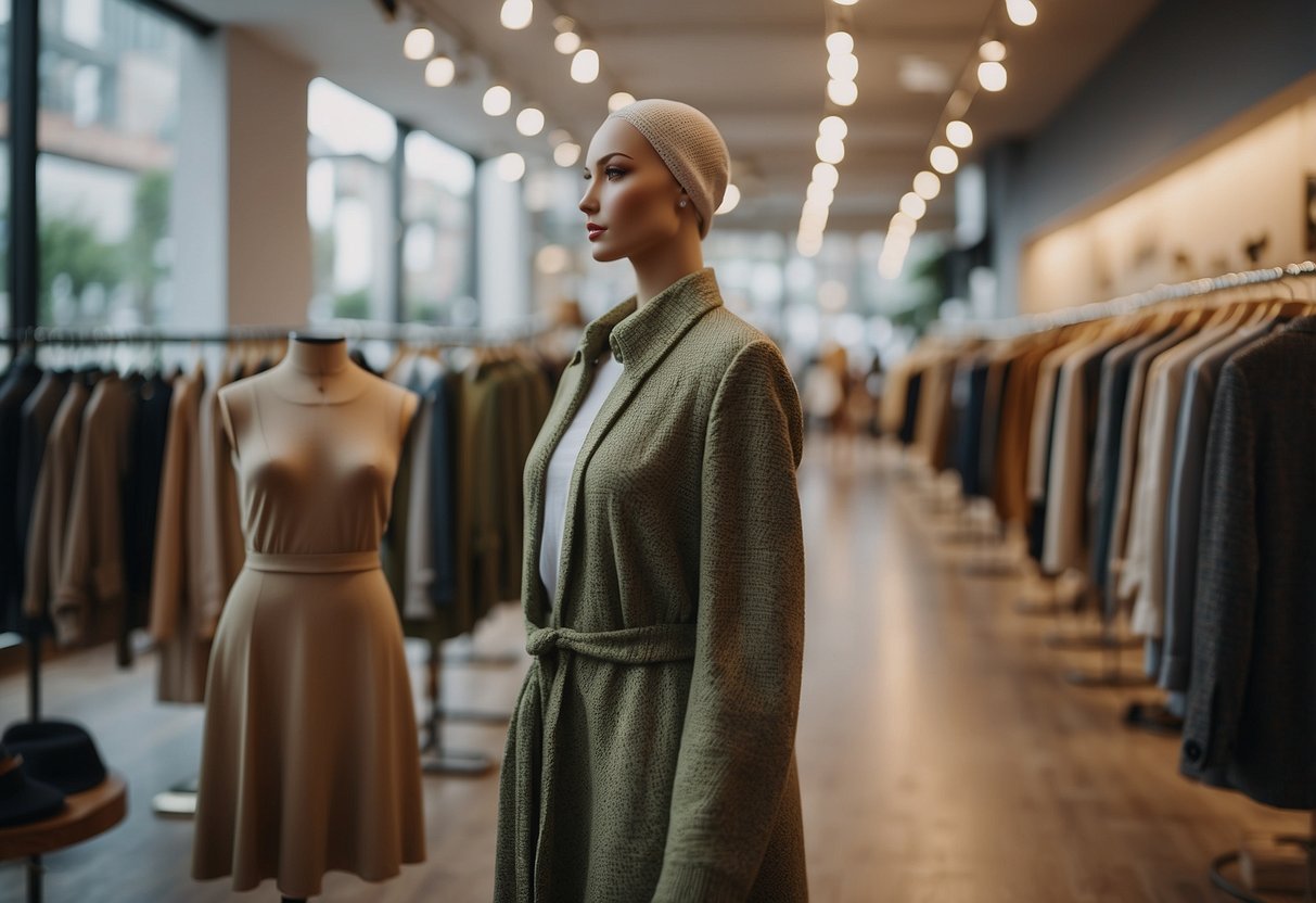 A clothing store with eco-friendly labels and certifications, showcasing sustainable fashion brands. Mannequins dressed in stylish, environmentally-conscious clothing