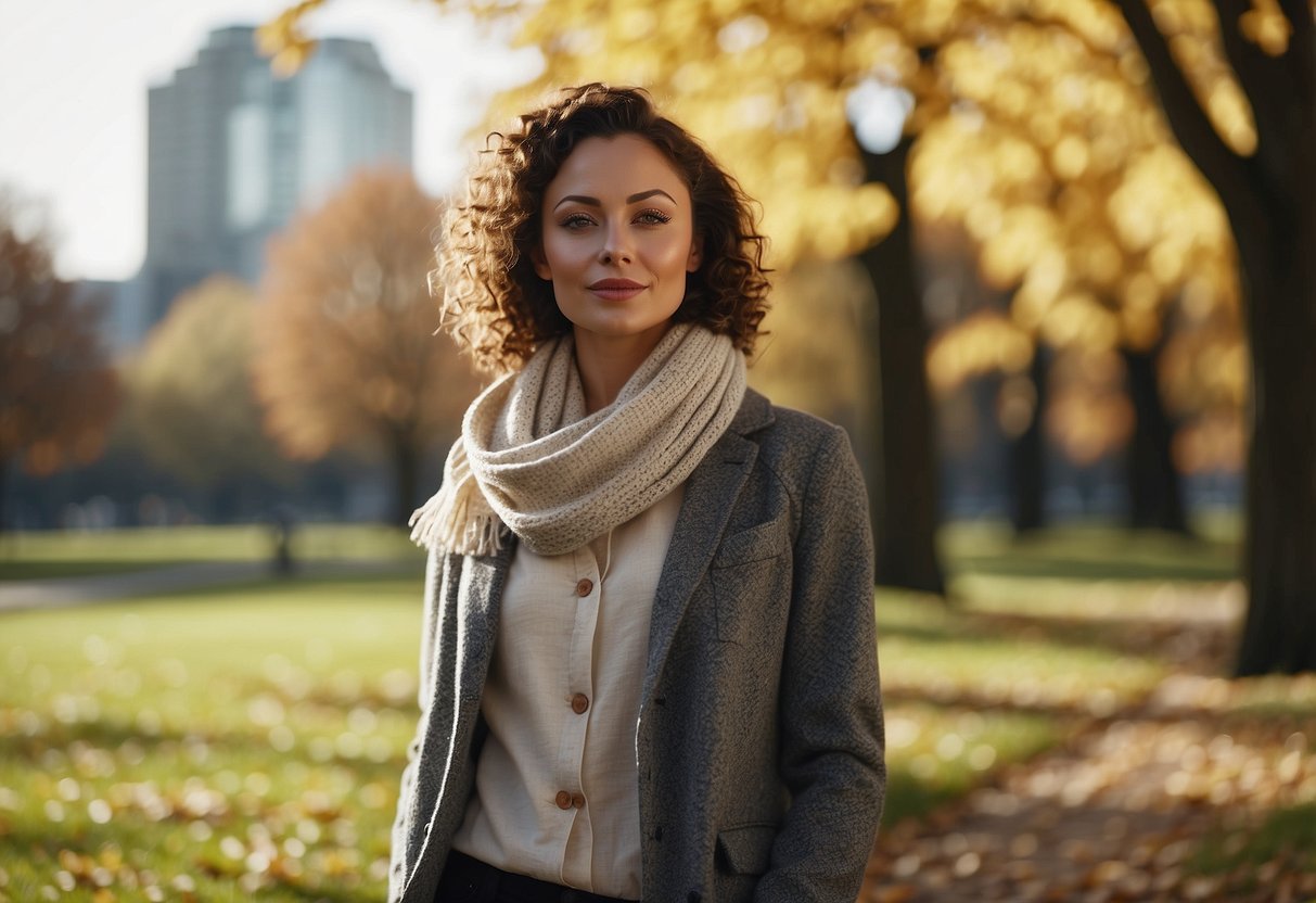 A figure layers a light sweater over a button-up shirt, adding a scarf and jacket for warmth. The scene is set in a park with falling leaves and a mix of sun and clouds