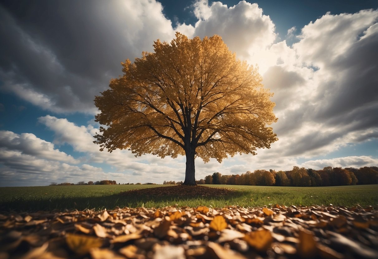 A tree with changing leaves stands against a backdrop of a cloudy sky. A light breeze carries fallen leaves across the ground