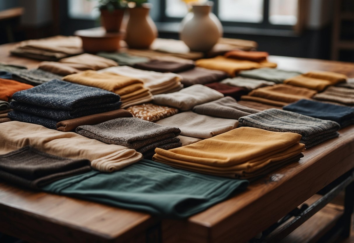 A table with various fabrics in different textures and weights, arranged in layers to show the art of layering for transitional weather