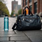 A woman's gym bag spills out onto a city sidewalk, revealing sneakers, leggings, and a stylish bomber jacket. A smartphone and water bottle complete the look