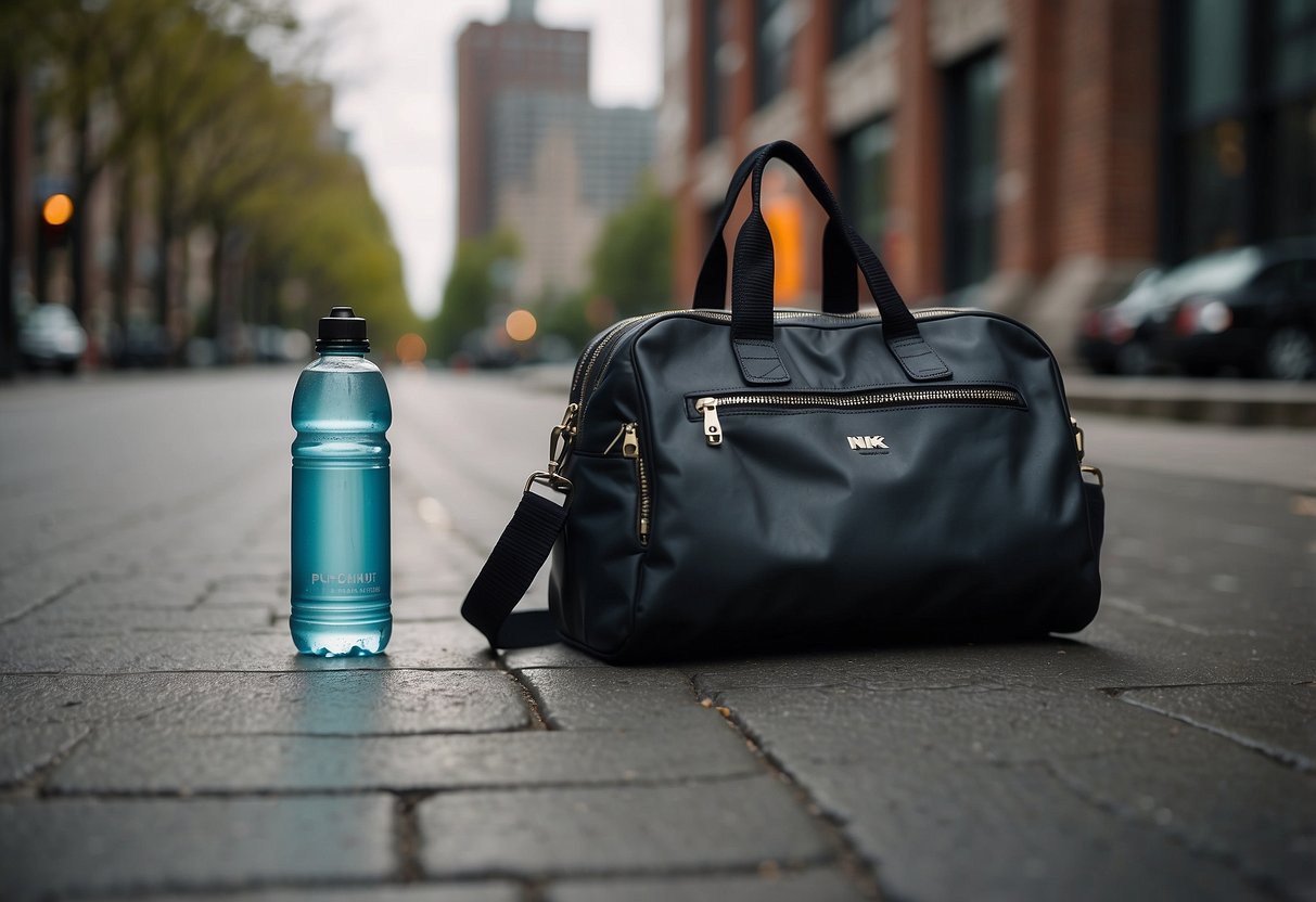 A woman's gym bag spills out onto a city sidewalk, revealing sneakers, leggings, and a stylish bomber jacket. A smartphone and water bottle complete the look