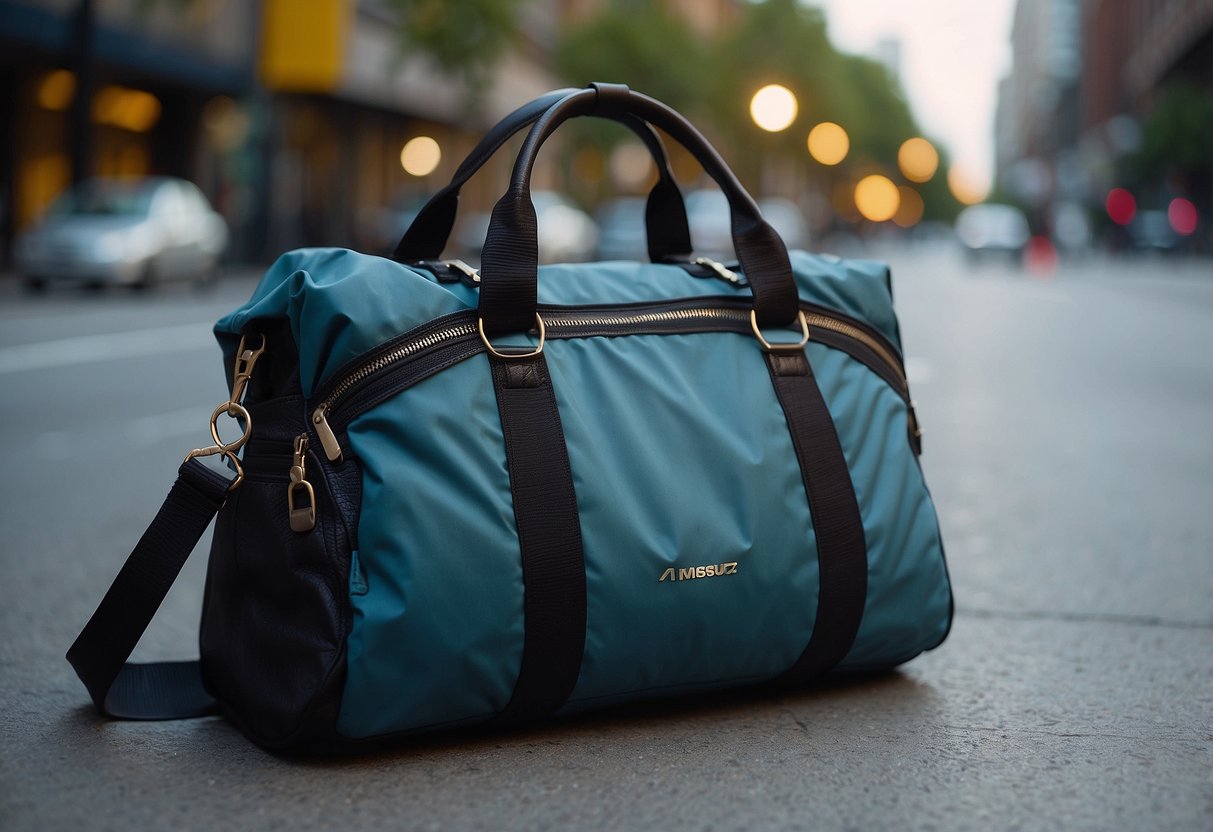 A woman's gym bag spills onto a sleek city street, revealing layers of athleisure clothing and accessories for a stylish urban workout look