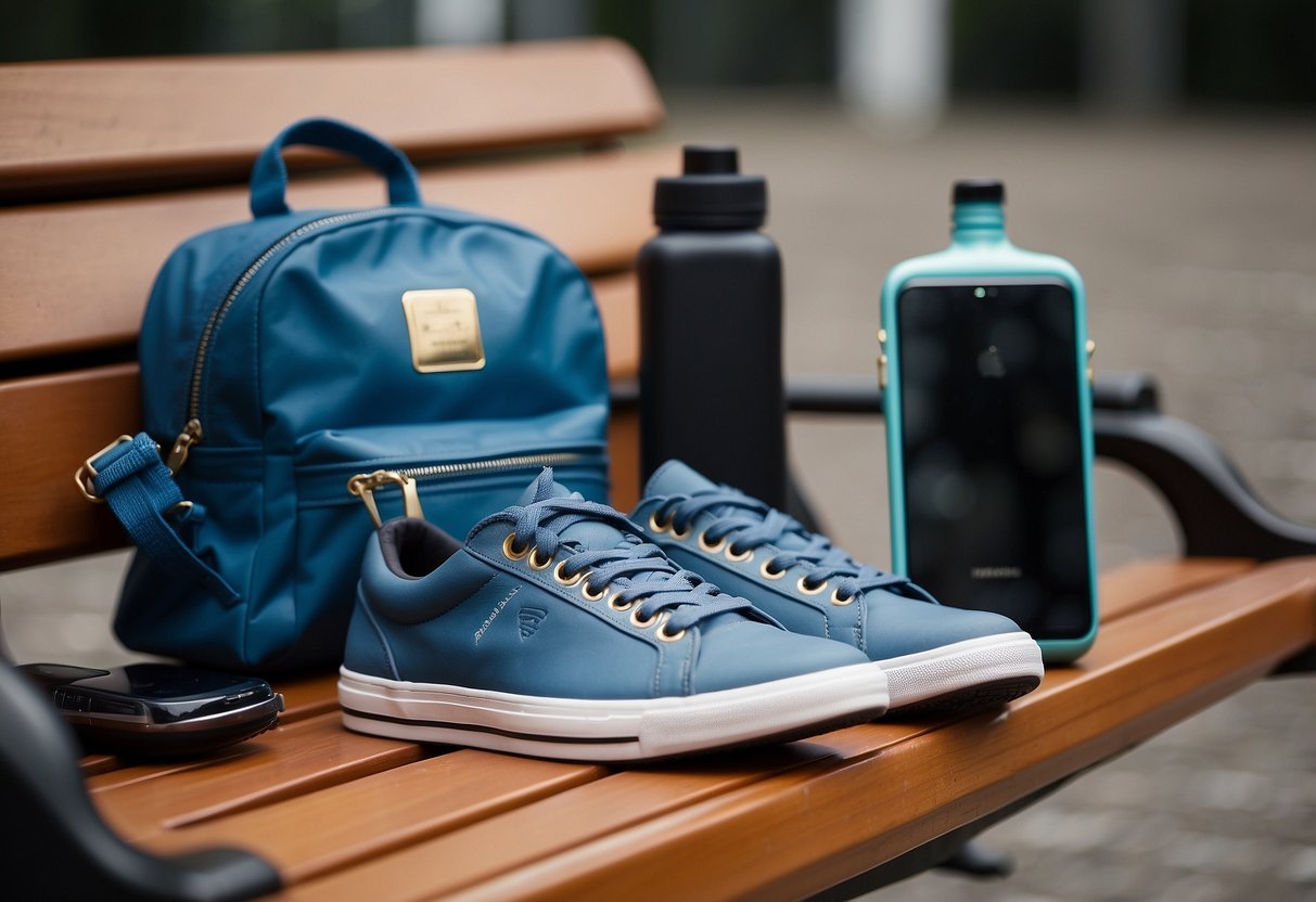 A woman's gym bag spills out onto a bench, revealing stylish sneakers, a sleek water bottle, and a trendy baseball cap. A smartphone and headphones lay nearby, ready for a workout playlist