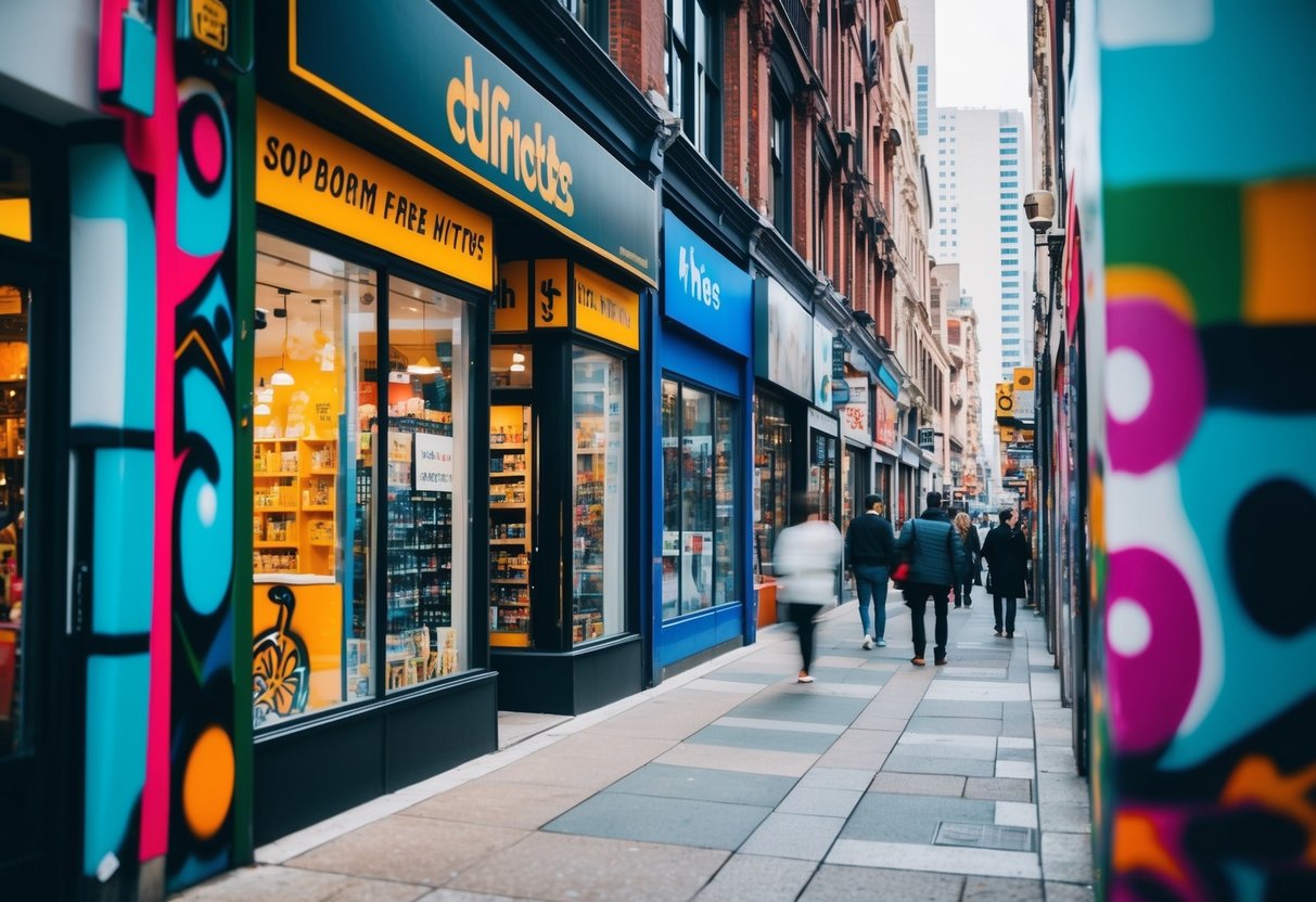 A bustling city street with vibrant storefronts and bold graffiti murals, showcasing a mix of patterns and colors in the urban environment