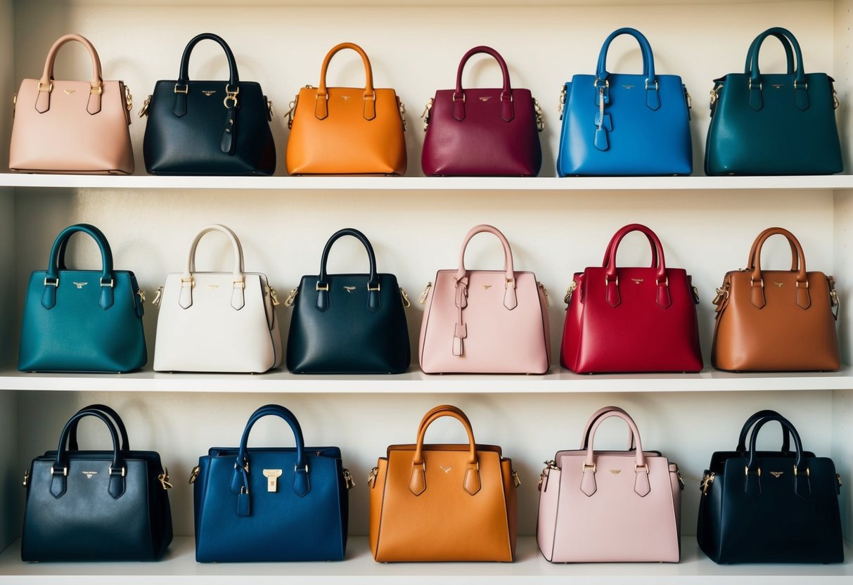 A collection of 10 stylish and functional handbags arranged neatly on a shelf, varying in size, color, and design