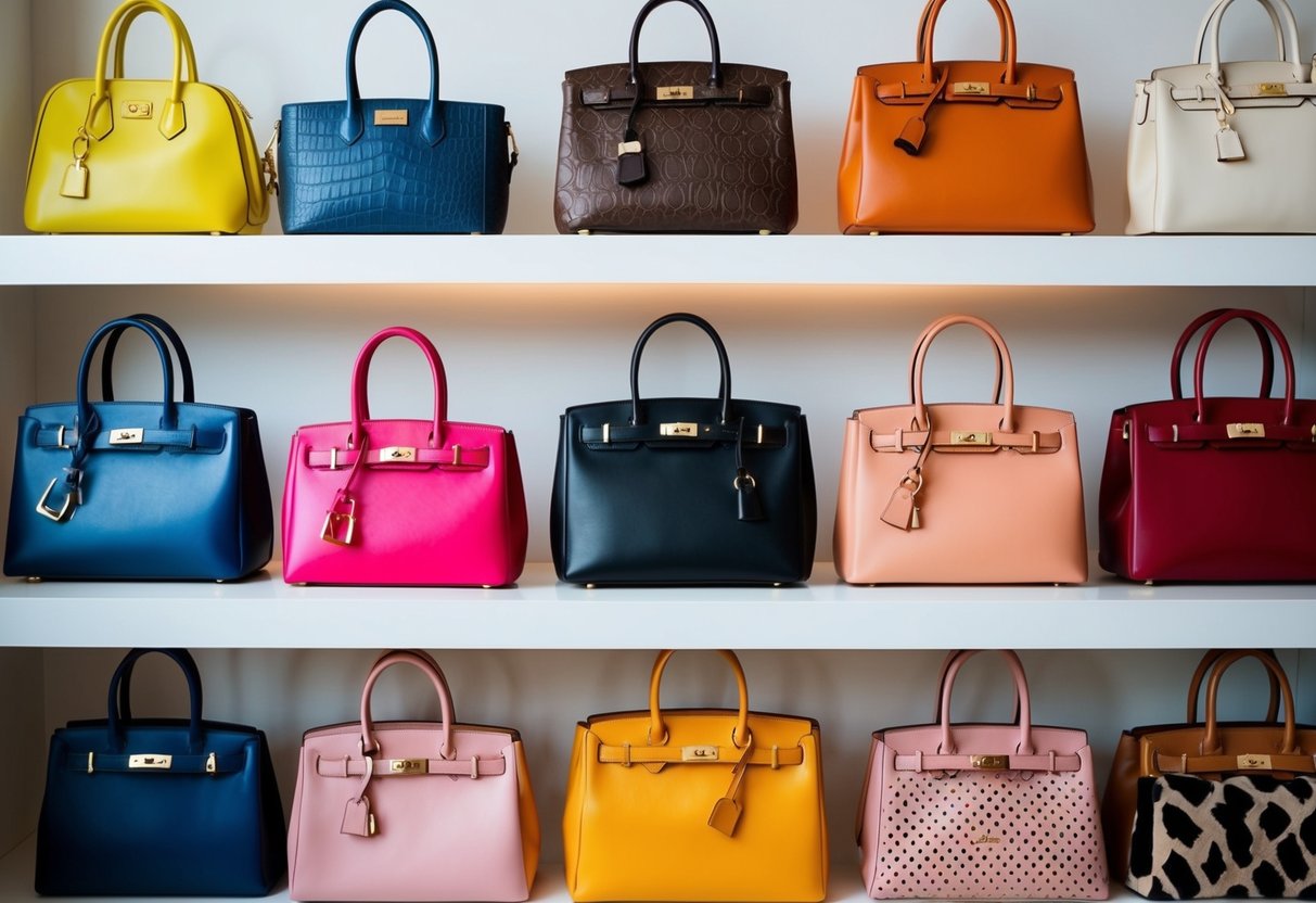 A collection of 10 stylish handbags displayed on shelves, each with a unique design and color, surrounded by other unique fashion accessories