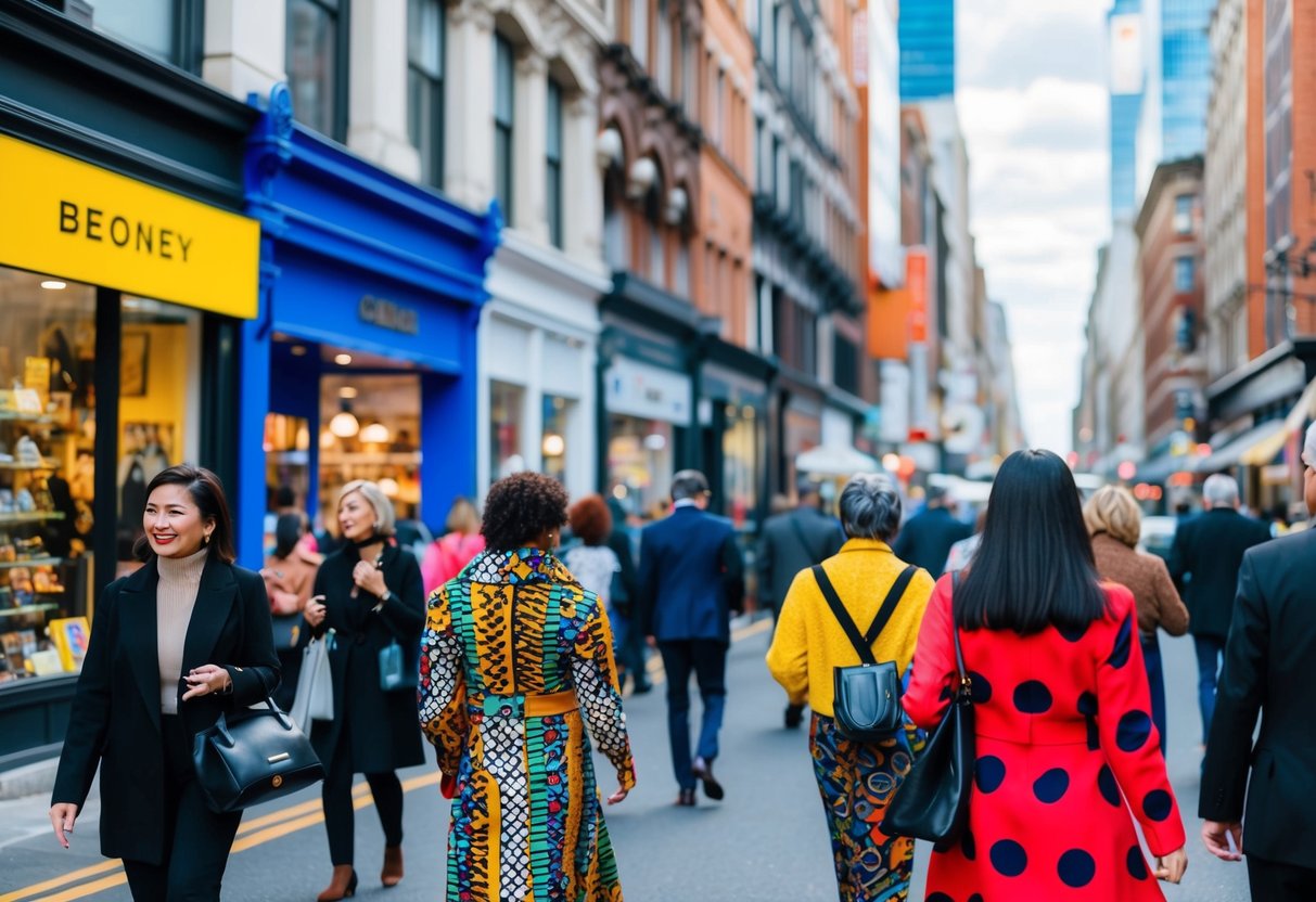 A bustling city street with vibrant storefronts and people wearing bold patterns and colors in their clothing