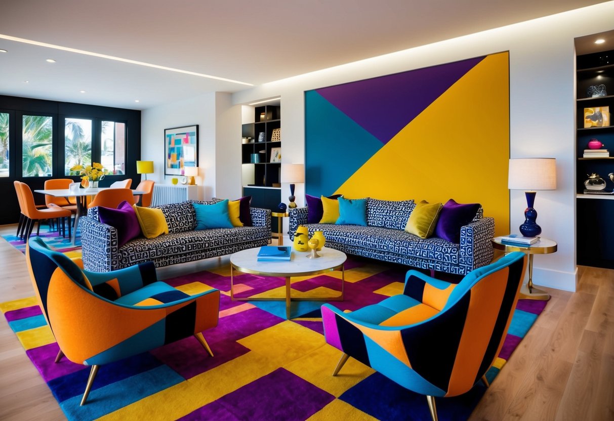 A living room with vibrant geometric patterns on the furniture and bold, colorful accents throughout the space, creating a stylish and modern interior design