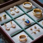 A collection of 10 classic jewelry pieces displayed on a velvet-lined tray, including earrings, necklaces, bracelets, and rings