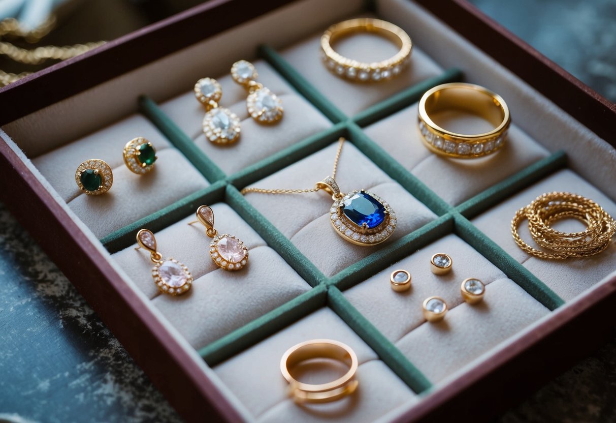 A collection of 10 classic jewelry pieces displayed on a velvet-lined tray, including earrings, necklaces, bracelets, and rings