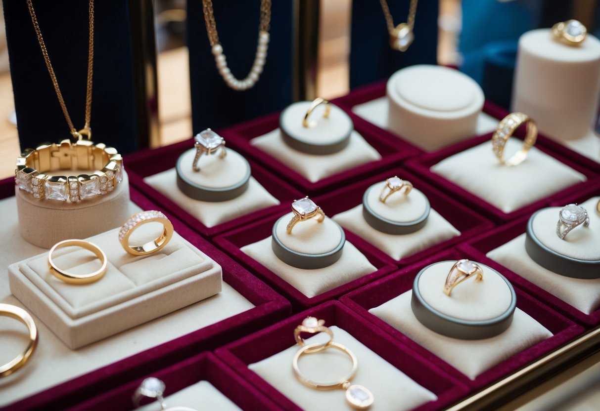 A collection of elegant and timeless jewelry pieces arranged on a velvet-lined display, including rings, bracelets, necklaces, and earrings, exuding sophistication and style