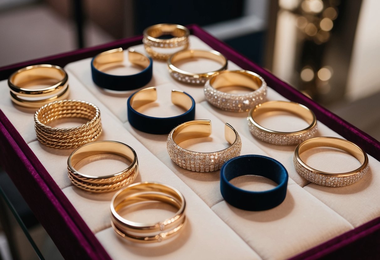 A collection of 10 elegant bracelets and bangles arranged on a velvet display, capturing the essence of timeless and essential jewelry pieces for a sophisticated wardrobe