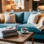 A cozy living room with a plush sofa, soft blankets, and stylish loungewear laid out neatly on a coffee table. Warm lighting and a cup of tea complete the inviting scene