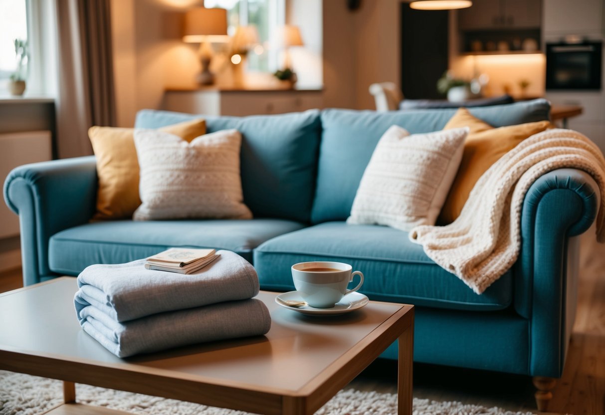 A cozy living room with a plush sofa, soft blankets, and stylish loungewear laid out neatly on a coffee table. Warm lighting and a cup of tea complete the inviting scene