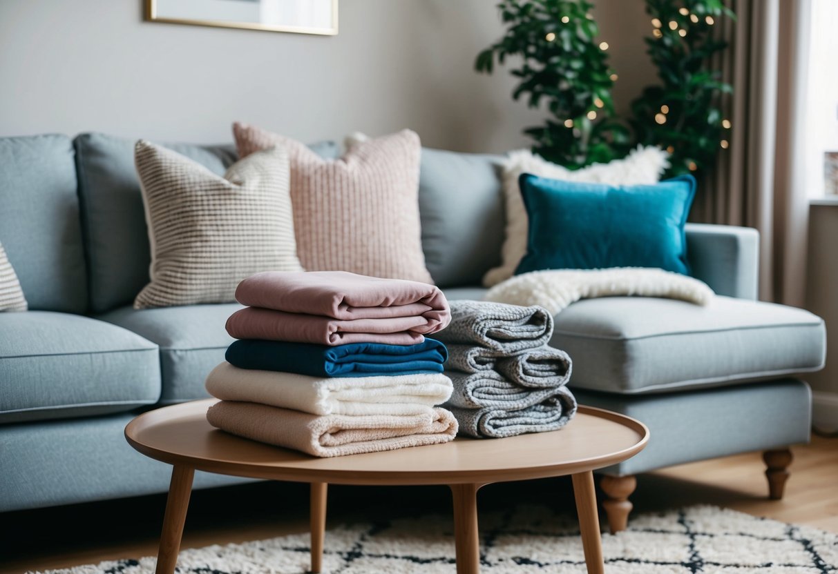 A cozy living room with a plush sofa, soft throw blankets, and a pile of stylish loungewear essentials neatly arranged on a coffee table