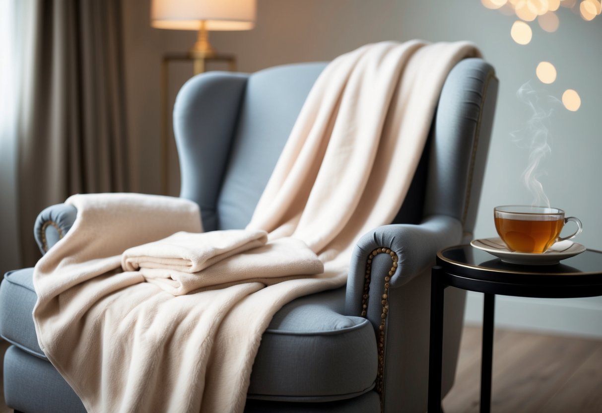 A cozy living room with soft, elegant loungewear draped over a chair, a plush blanket, and a steaming cup of tea on a side table