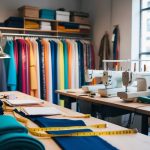 A tailor's workshop filled with colorful fabrics, measuring tapes, and sewing machines, with custom fashion pieces on display