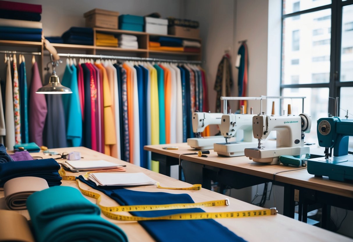 A tailor's workshop filled with colorful fabrics, measuring tapes, and sewing machines, with custom fashion pieces on display