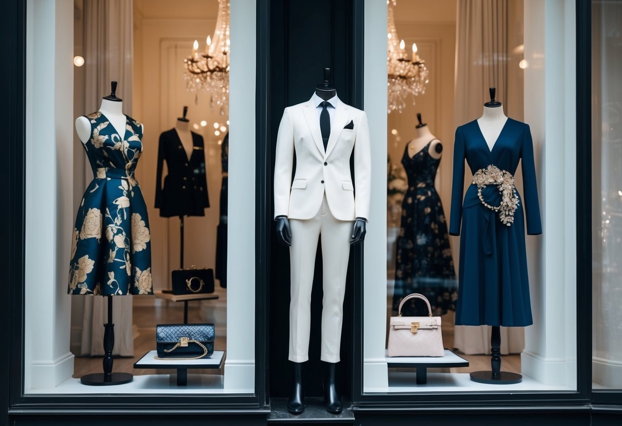 A well-dressed mannequin stands in a boutique window, showcasing custom and bespoke fashion pieces. The mannequin is surrounded by elegant clothing and accessories, creating a sophisticated and stylish atmosphere