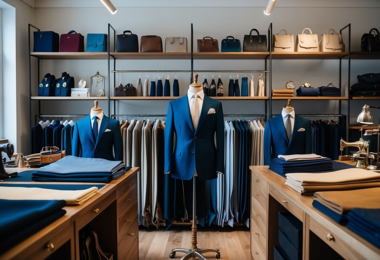 A tailor's workshop filled with luxurious fabrics, bespoke suits on mannequins, and custom-made accessories displayed on elegant shelves