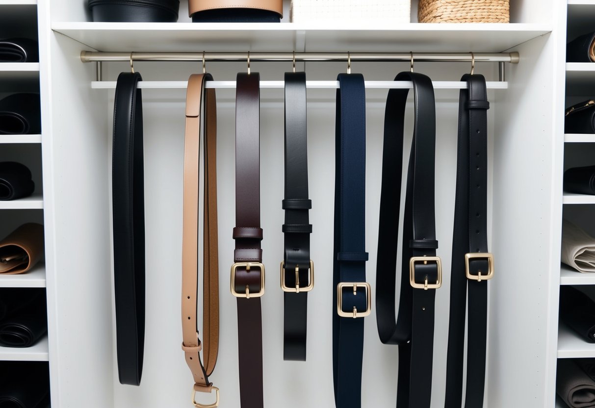 A sleek, minimalist closet with 7 belts neatly arranged on a wall-mounted organizer, showcasing a variety of styles and colors