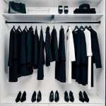 A sleek, modern wardrobe with bold monochrome outfits neatly organized on hangers, accessorized with minimalist jewelry and sleek shoes