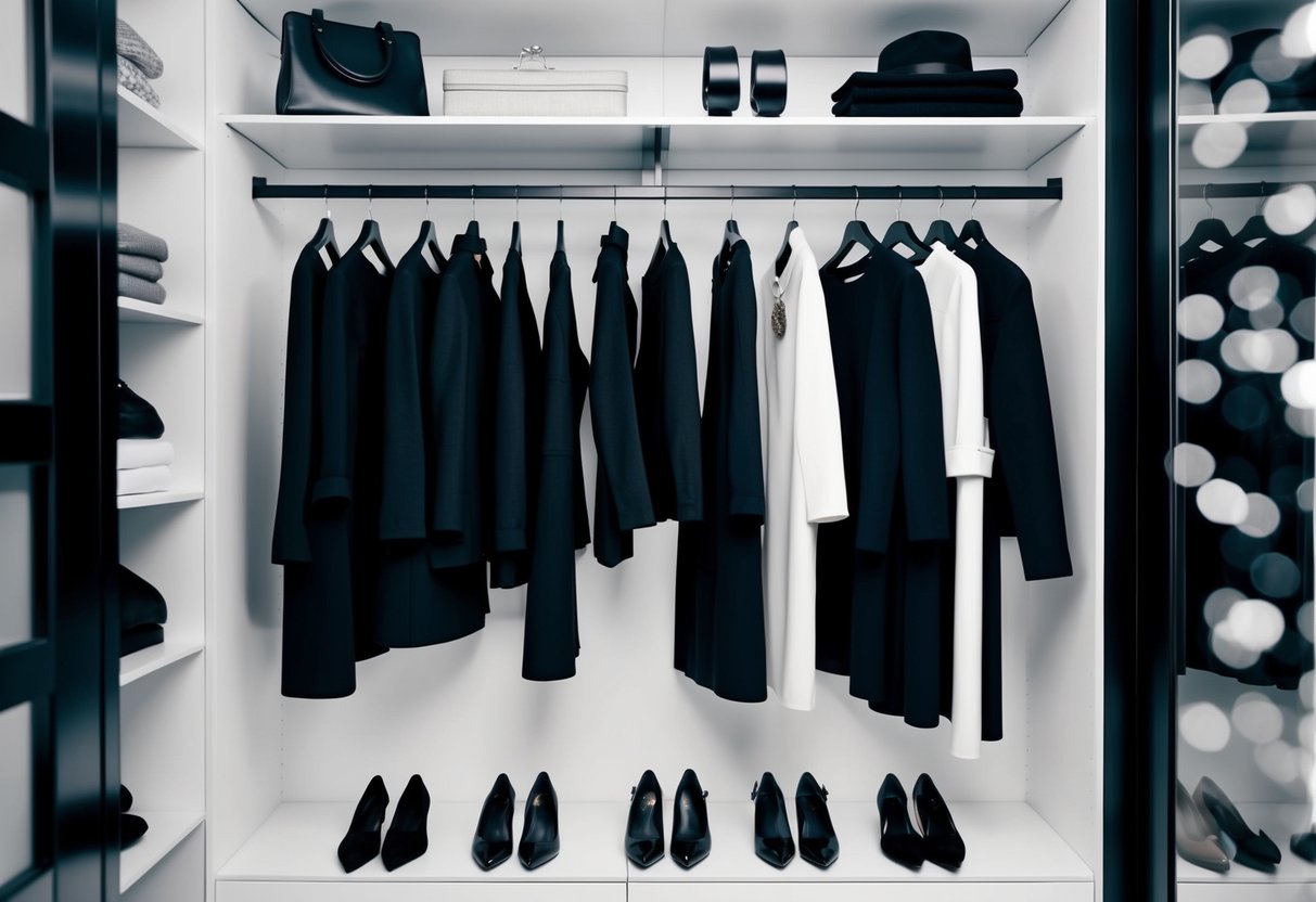 A sleek, modern wardrobe with bold monochrome outfits neatly organized on hangers, accessorized with minimalist jewelry and sleek shoes