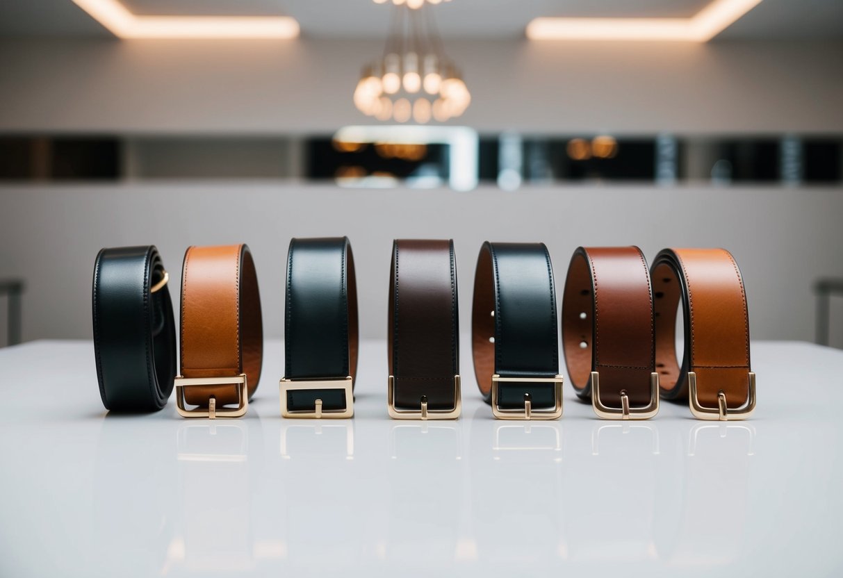 A collection of seven leather belts arranged in a modern, minimalist setting