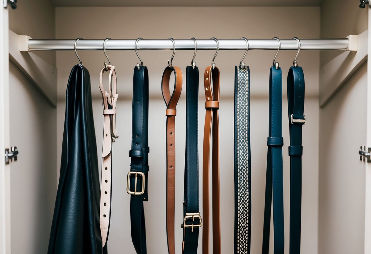 A neatly organized closet with seven different belts hanging on hooks, each representing a different style and purpose for a modern capsule wardrobe