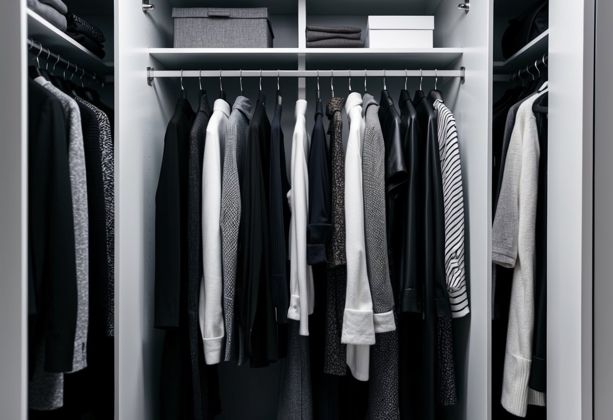 A sleek, modern closet filled with monochrome clothing in various textures and styles, organized neatly on hangers and shelves