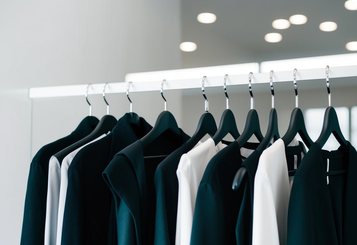 A sleek, modern wardrobe with bold monochrome outfits neatly arranged on hangers, set against a clean, minimalist backdrop