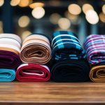 A collection of 10 different scarves arranged neatly on a wooden table, each showcasing a unique style and pattern