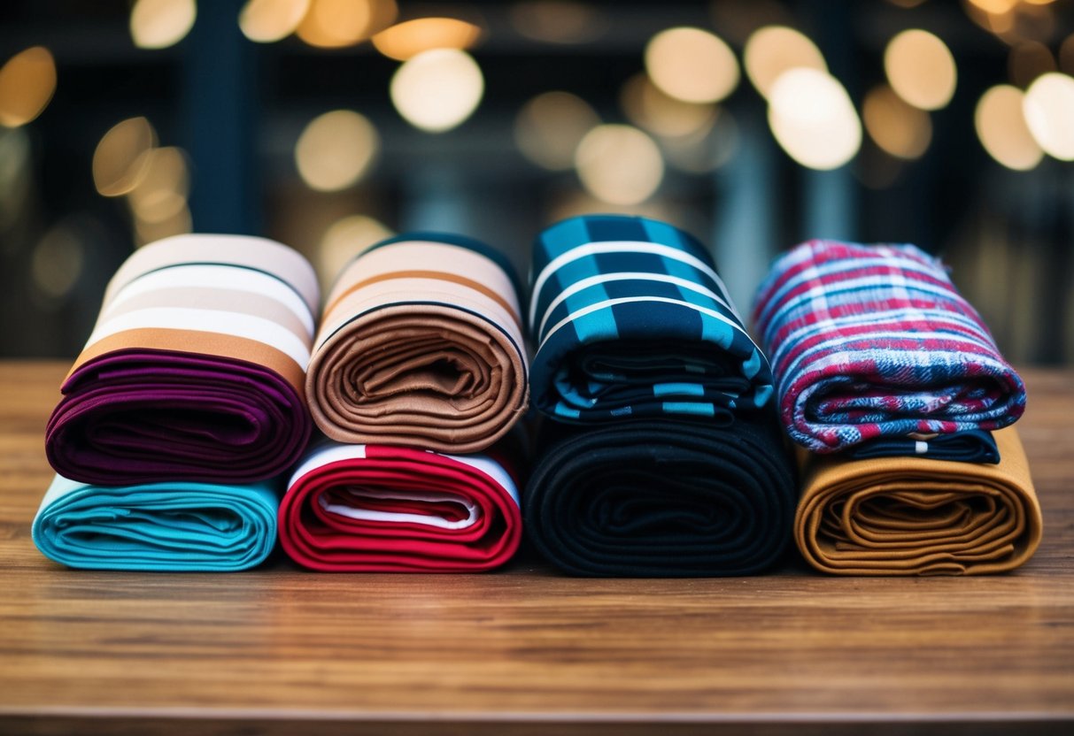 A collection of 10 different scarves arranged neatly on a wooden table, each showcasing a unique style and pattern