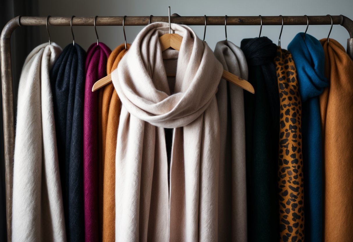 A cozy, cashmere scarf draped over a rustic coat rack, surrounded by various stylish scarves in different colors and patterns