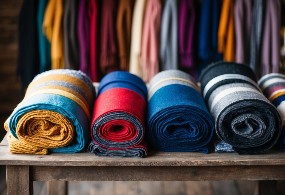 A colorful array of scarves made from various materials, such as wool, silk, and cotton, are neatly displayed on a rustic wooden table